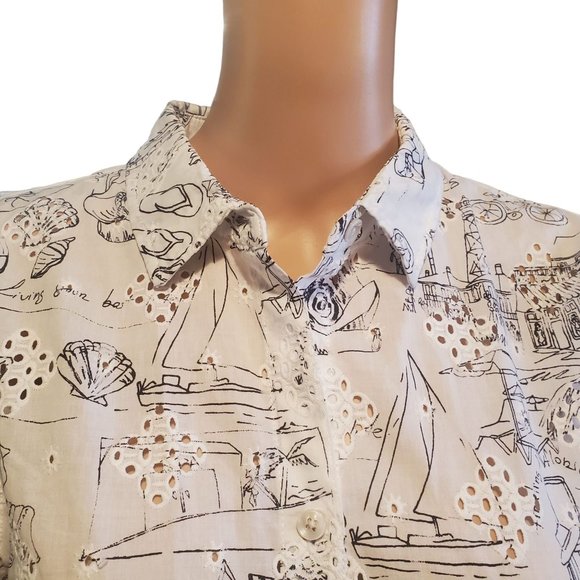 Chico's Sz 12/14 Novelty Vacation Print Eyelet Button Up Balloon Sleeve Top - Picture 2 of 11